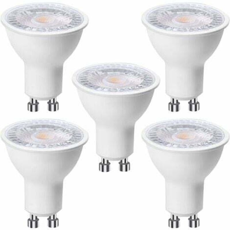 foto del prodotto confezione da 5 lampadine led gu10 6w equivalenti a 60w , bianco caldo 3000k 500 lumen, lampadina led gu10 fascio ampio 120 , faretto da incasso