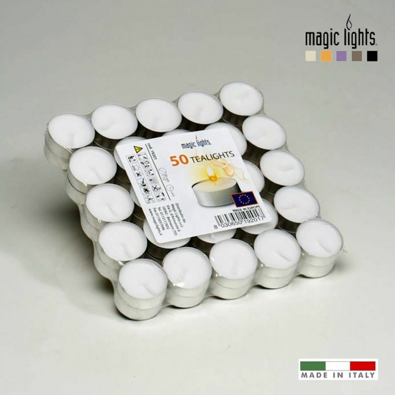 foto del prodotto confezione da 50 candele bianche da 12g senza aroma magic lights