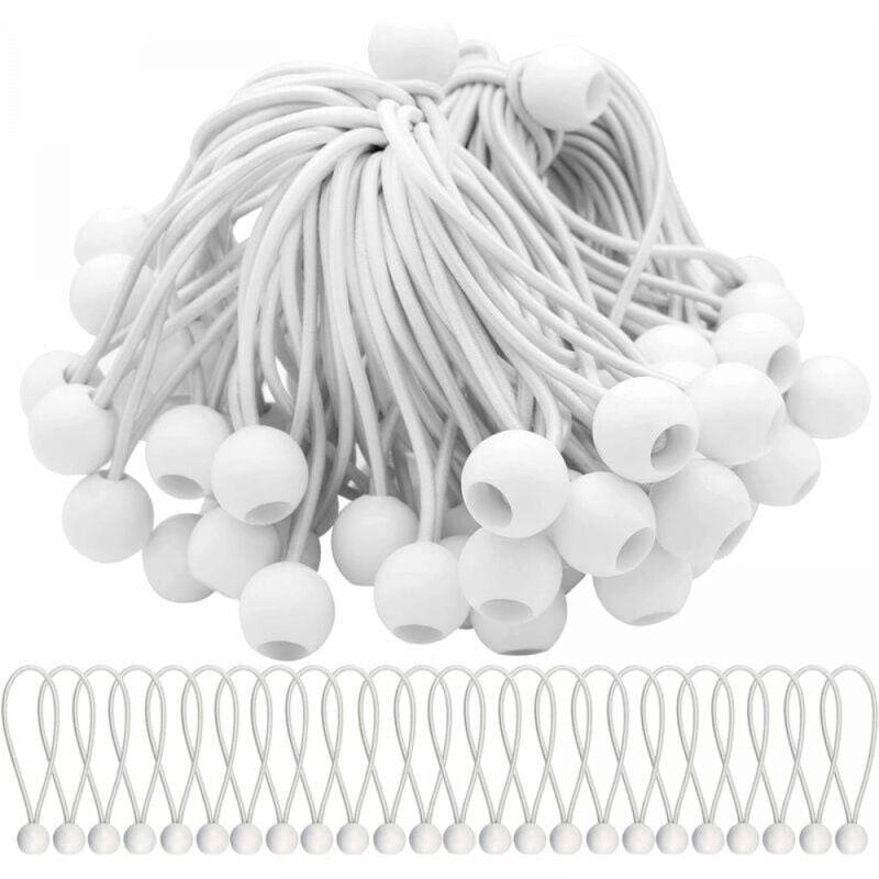 foto del prodotto confezione da 50 corde elastiche bianche da 150 mm, corda elastica con palla, palline elastiche elastiche per tendoni, tende, striscioni e teloni