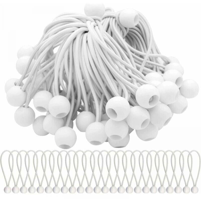 foto del prodotto confezione da 50 corde elastiche bianche da 200 mm, corda elastica con palla, palline elastiche elastiche per tendoni, tende, striscioni e teloni