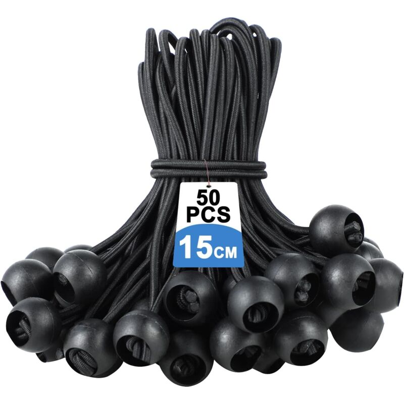 foto del prodotto confezione da 50 corde elastiche con sfera, corda elastica per teloni, corda elastica, fibbie elastiche nere con sfera in plastica per teloni, tende