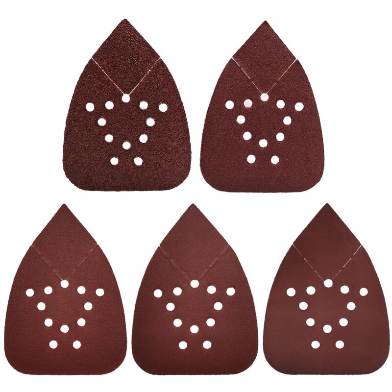 foto del prodotto confezione da 50 fogli abrasivi triangolari grana mista 12 fori carta vetrata velcro 40, 80, 120, 180, 240 per ogni grana 10 pezzi fogli
