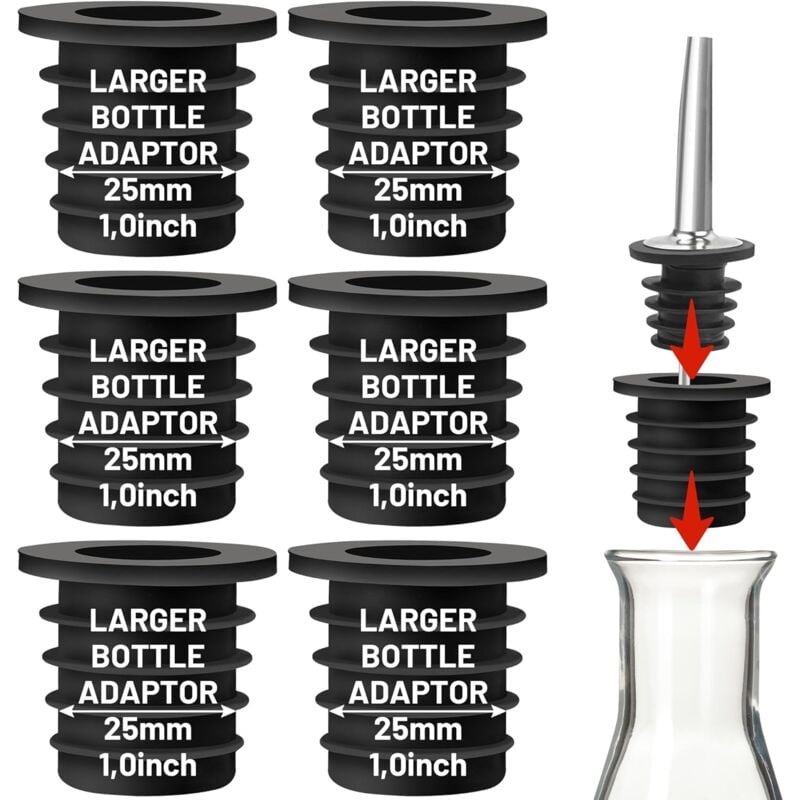 foto del prodotto confezione da 6 adattatori per versatori di liquori, perfetti per grandi bottiglie di olio d oliva e bottiglie di liquori, colli fino a 25 mm,