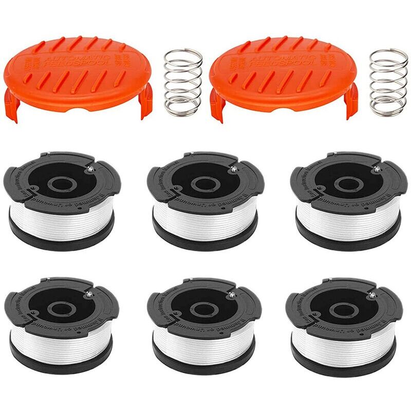 foto del prodotto confezione da 6 bobine di filo con 2 coperchi per sostituire i tagliabordi black decker bobina di ricambio con alimentazione automatica tappo per