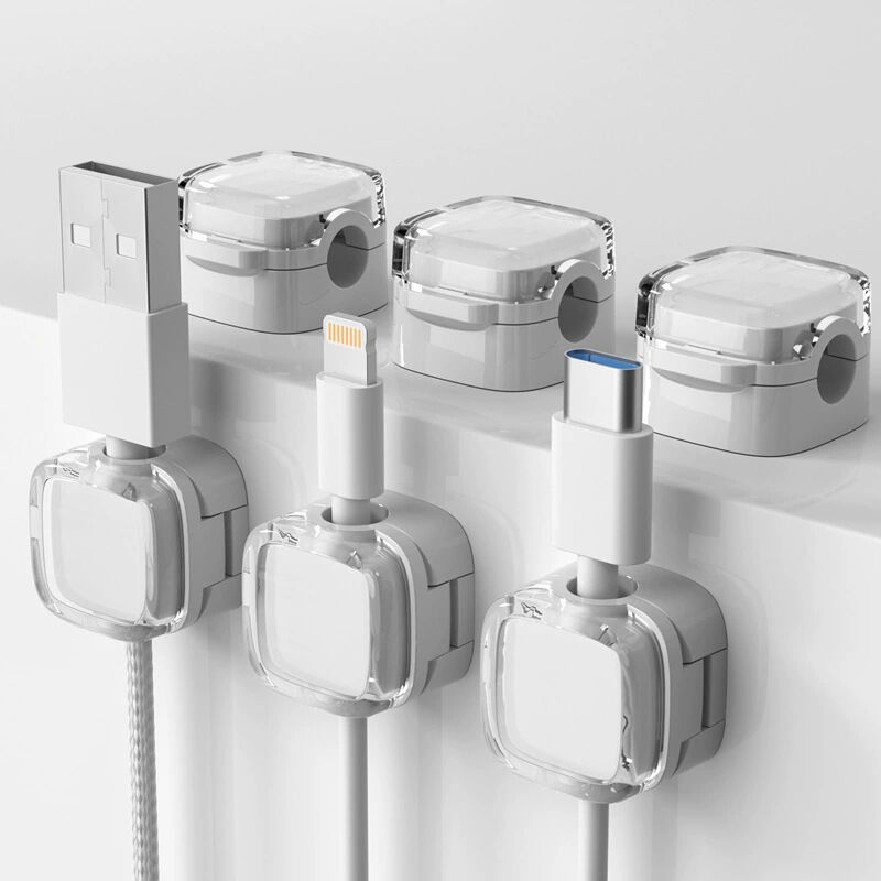 foto del prodotto confezione da 6 fermacavi magnetici, organizer per cavi autoadesivo, per scrivania, comodino, cavi di ricarica, hdmi, usb, audio, bianco.