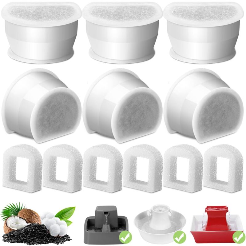 foto del prodotto confezione da 6 filtri di ricambio al carbone per abbeveratoi in ceramica avalon e pagoda da 7,5 l 3,7 l 1,8 l, prefiltro in schiuma e filtro al