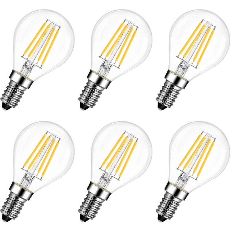 foto del prodotto confezione da 6 lampadine led e14 6w 2700k sostituisce 60w, stile filamento rustico bianco caldo 