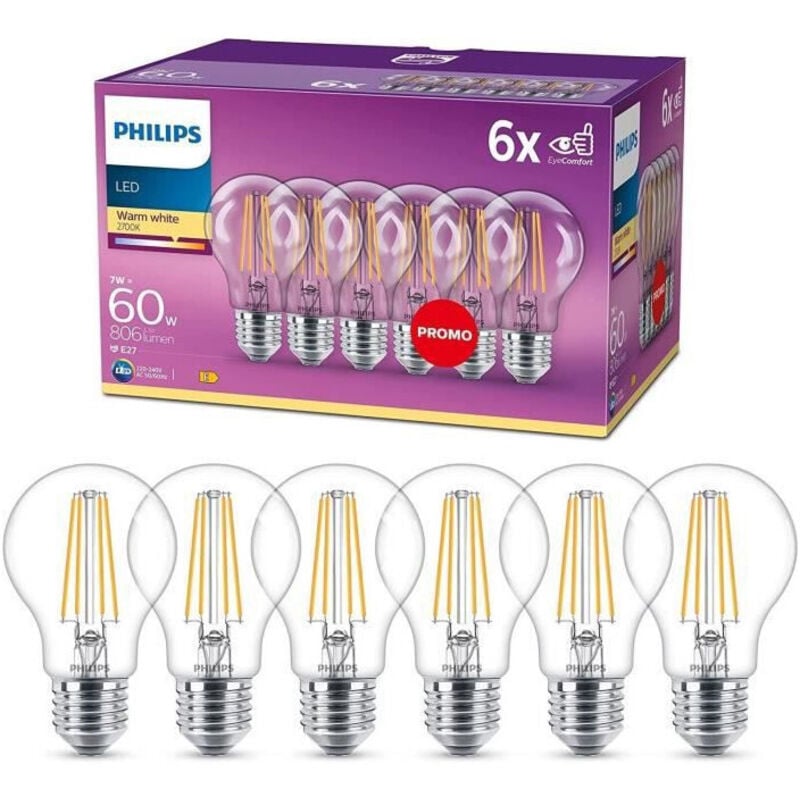 foto del prodotto confezione da 6 lampadine led e27 trasparenti 60w, bianco caldo philips