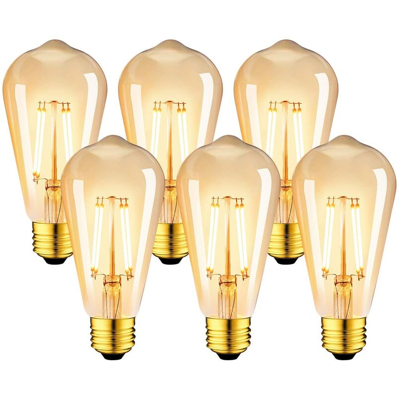 foto del prodotto confezione da 6 lampadine led edison vintage e27 da 6w lampadina a filamento st64 2200k bianco caldo equivalente a una lampadina a incandescenza
