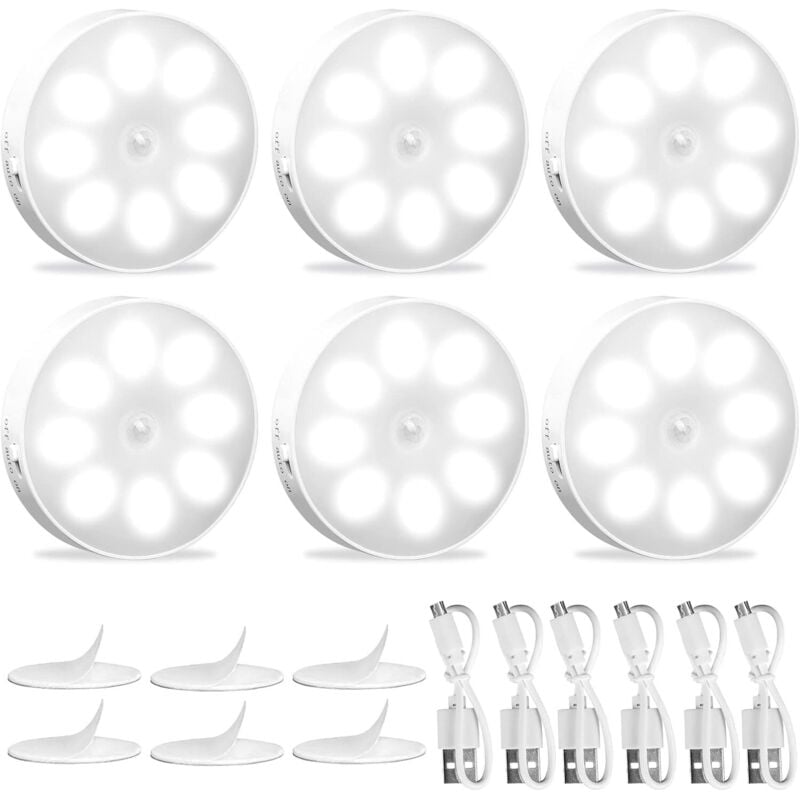 foto del prodotto confezione da 6 luci led automatiche ricaricabili tramite usb, luce notturna a led a induzione 6000k con 8 led bianchi freddi, luce notturna con