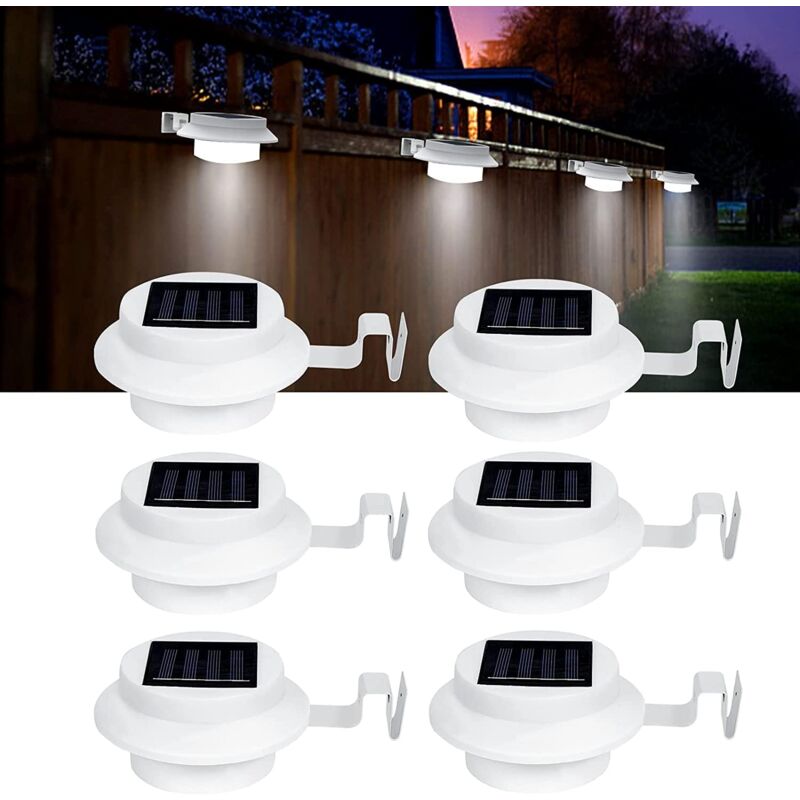 foto del prodotto confezione da 6 luci solari per esterni alimentate da 3 led, luci solari impermeabili ip65 per recinzione, passerella e vialetto, bianco