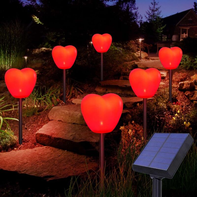 foto del prodotto confezione da 6 luci solari solari per san valentino a forma di cuore rosso, decorazione esterna impermeabile a forma di cuore per giardino,