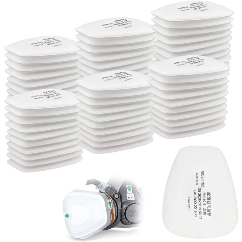 foto del prodotto confezione da 60 filtri in cotone 3m, filtro per maschera facciale completa, filtro a inserto cn 5n11, filtro in cotone per filtri 6000, 6200, 6800,