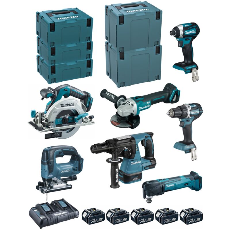 foto del prodotto confezione da 7 macchine 18v trapano ddf484 avvitatore dtd154 smerigliatrice dga506 sega dhs680 perforatore dhr243 fresa dtm51 sega