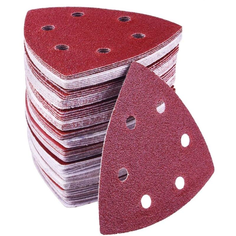 foto del prodotto confezione da 72 fogli abrasivi triangolari, carta vetrata triangolare, 90 x 90 x 90 mm, 6 fori, grane 40 60 80 120 180 240, triangolare per