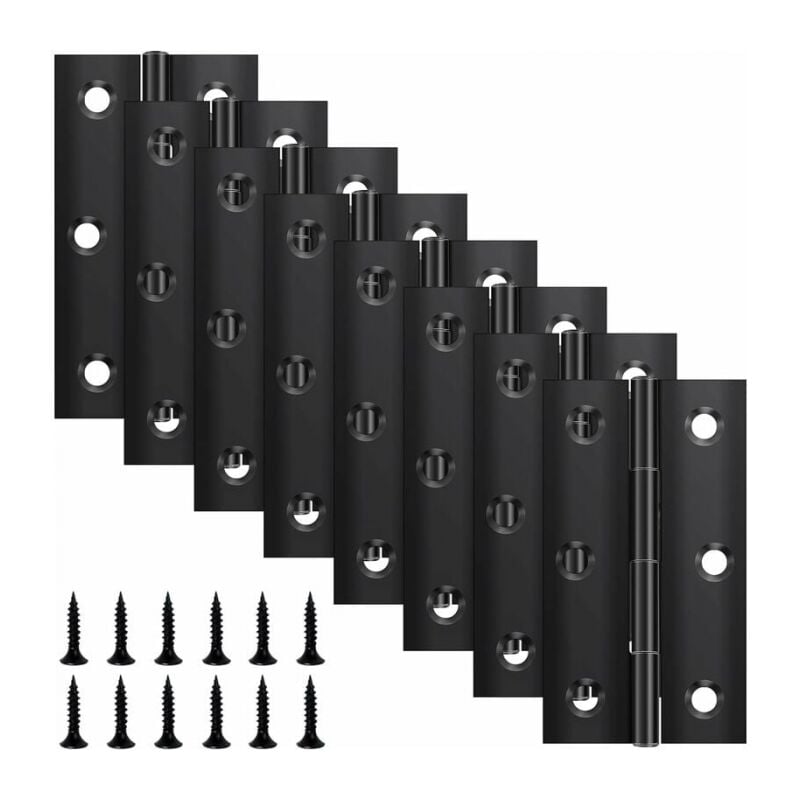 foto del prodotto confezione da 8 cerniere pieghevoli 68 mm 38 mm, cerniera in acciaio inox nero, cerniera per pianoforte, cerniera piccola, cerniera per porte,