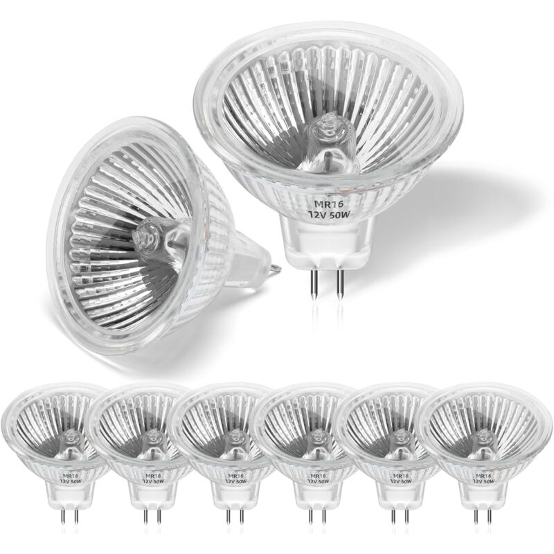 foto del prodotto confezione da 8 lampadine alogene 50w 12v mr16, faretto alogeno gu5.3 dimmerabile bianco caldo 2800k, lampadine alogene a 2 pin con copertura in