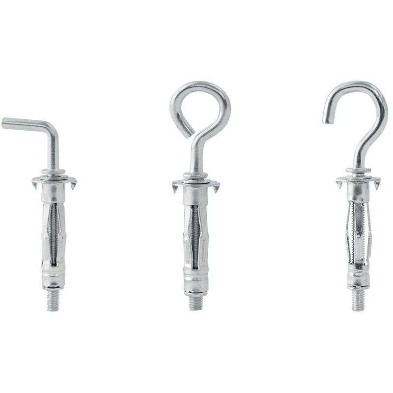 foto del prodotto confezione da12tasselli ad espansione in metallo di cui4con gancio a l,4con gancio a ce 4con gancio ad anello per pareti cave in cartongesso con