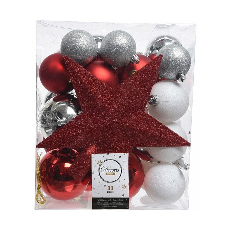 foto del prodotto confezione di 33 accessori per albero argento, rosso e bianco opaco