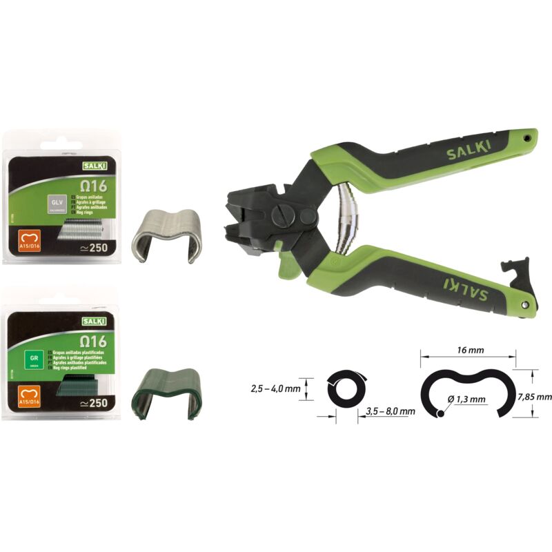 foto del prodotto confezione di cucitrice per recinzione fsk 16c graffette omega galva e verde 250 pezzi 250 pezzi cucitrice per recinzioni con taglierina per