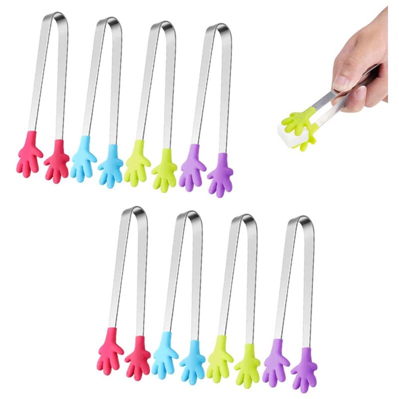 foto del prodotto confezione di pinze per ghiaccio in silicone, pinze per zucchero piccole e colorate multifunzionali, pinze per alimenti in acciaio inossidabile, per