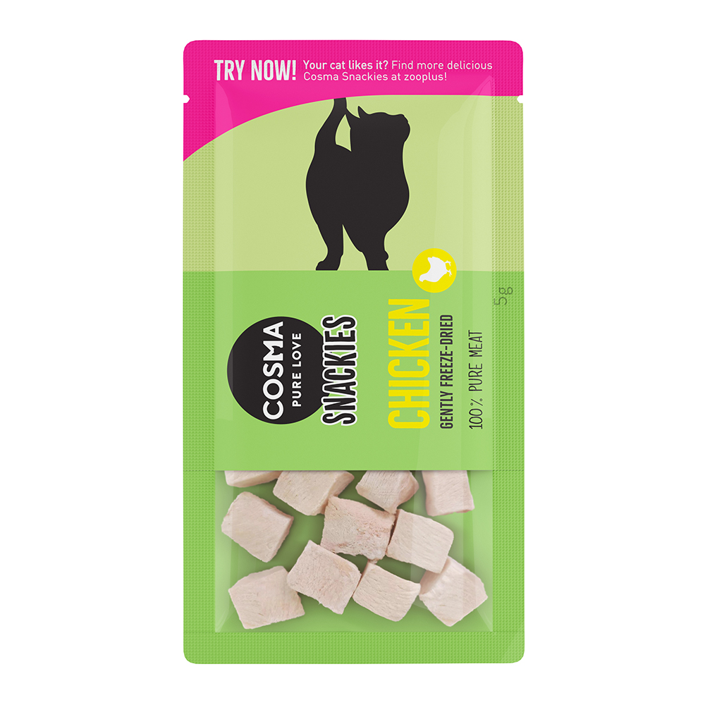 foto del prodotto confezione prova 5 g cosma snackies pollo snack liofilizzati per gatti pollo 5 g 