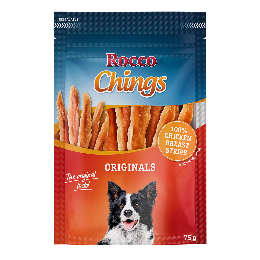 foto del prodotto confezione prova 75 g rocco chings originals snack per cani strisce di petto di pollo