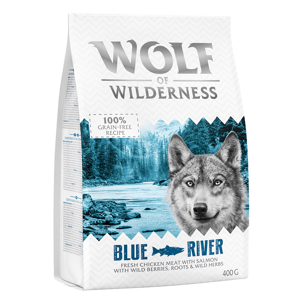foto del prodotto confezione prova wolf of wilderness crocchette, umido e snack per cane 400 g crocchette blue river salmone