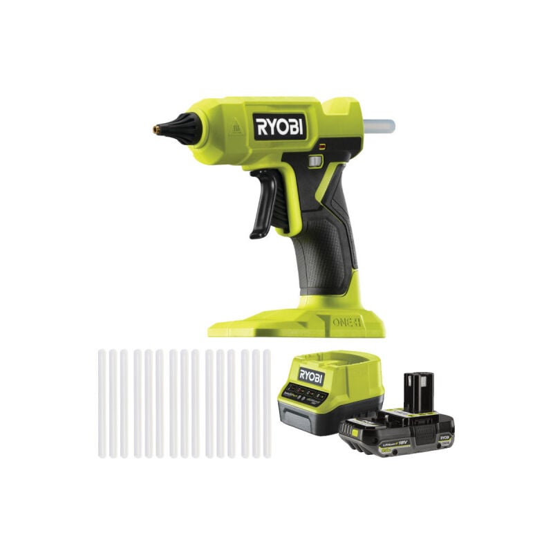 foto del prodotto confezione ryobi 18v pistola per colla 15 stick di colla 1 batteria da 2,0ah 1 caricatore da 2,0ah