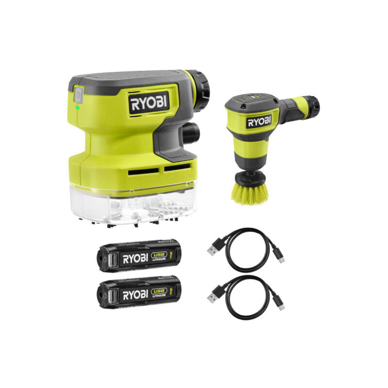 foto del prodotto confezione ryobi 4v aspiratore compatto rdv4-0 - spazzola motorizzata rscr4-0 - batteria 2 x 2.0ah - 2 cavi usb