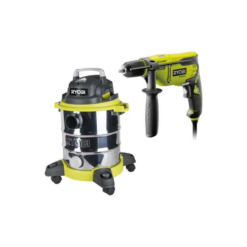 foto del prodotto confezione ryobi aspirapolvere a umido asciutto 1250w 20l rvc 1220i g trapano a percussione 800w rpd800k