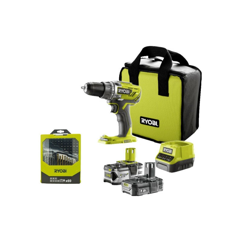 foto del prodotto confezione ryobi drill driver r18dd3 2415bs 18v oneplus 2 batterie 4,0 ah 1,5ah caricabatterie box 69 accessor
