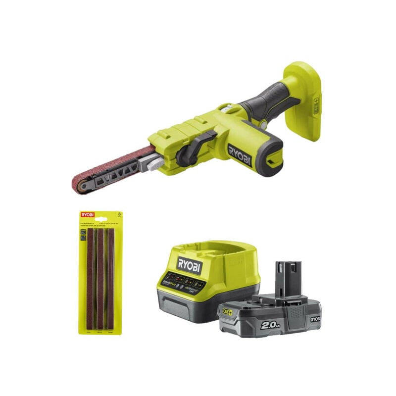 foto del prodotto confezione ryobi lima elettrica 18v oneplus r18pf 0 kit 3 nastri abrasivi 1 batteria 2.0ah 1 caricatore