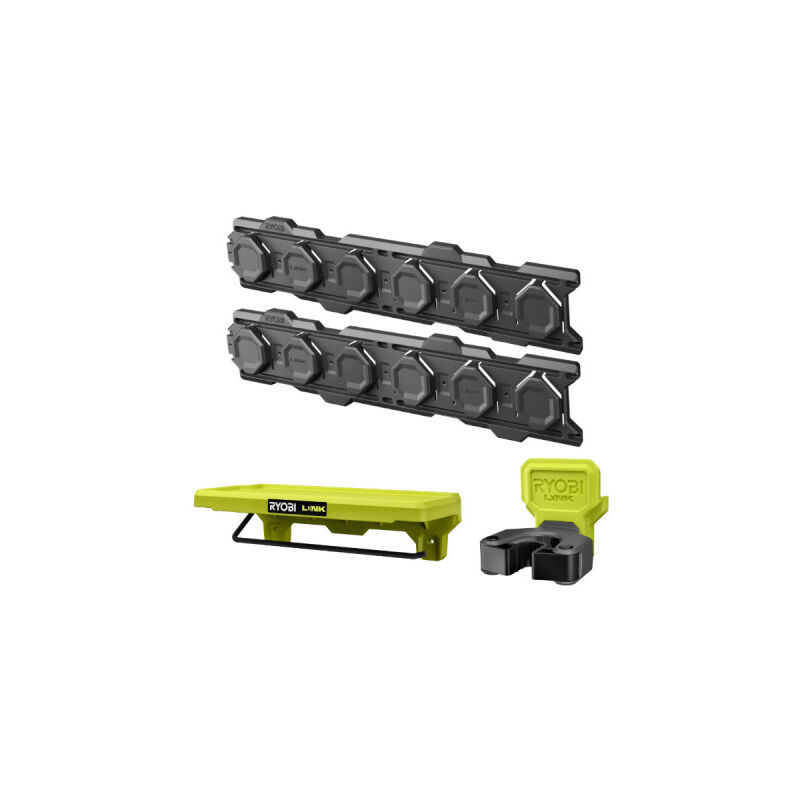 foto del prodotto confezione ryobi link system 2 guide a parete morsetto reversibile ripiano per prodotti di pulizia