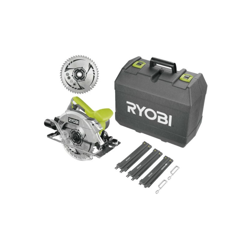 foto del prodotto confezione ryobi sega circolare rcs1600 k2b 1600w 66mm 1 lama 48 denti 1 lama 24 denti guida di taglio rak03