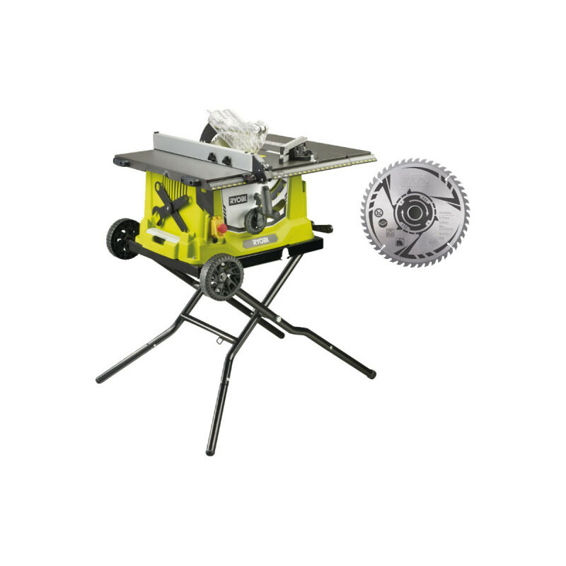 foto del prodotto confezione ryobi sega da banco elettrica rts1800ef g 1800w 254mm base retrattile ruote prolunga lama in meta