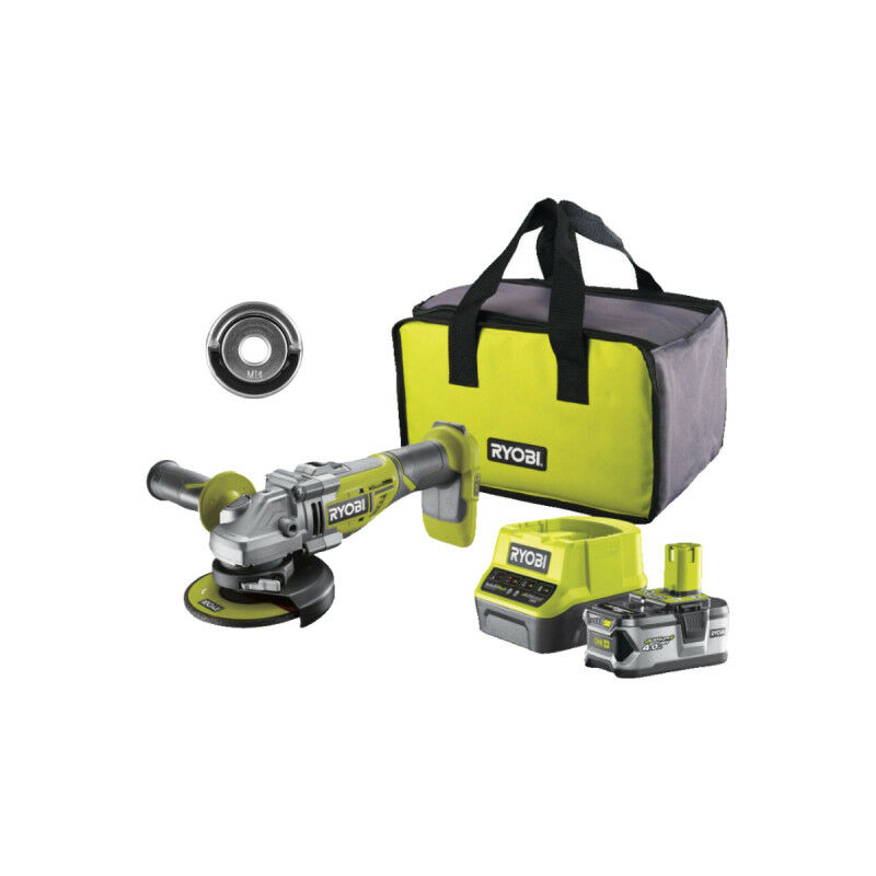 foto del prodotto confezione ryobi smerigliatrice angolare 18v oneplus brushless 1 batteria 4,0 ah 1 caricatore r18ag7 140s dado