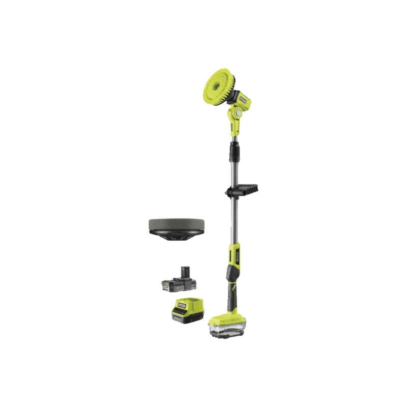 foto del prodotto confezione ryobi spazzola telescopica r18tps 120g 18v oneplus 1 batteria 2.0ah 1 caricatore disco in schiuma 