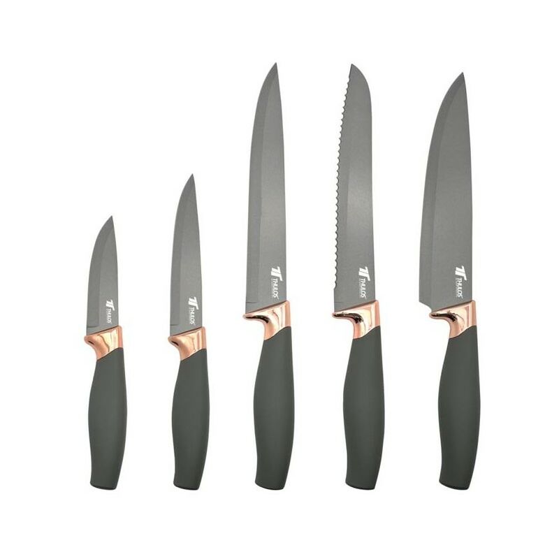 foto del prodotto confezione set di 5 coltelli con lama in acciaio inox antiaderente.