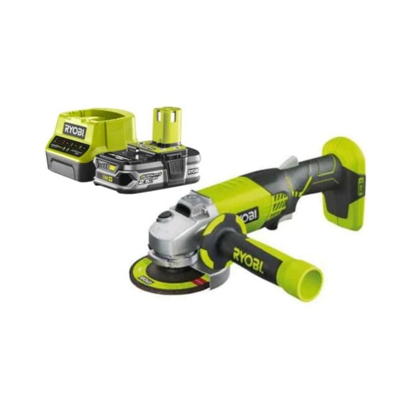 foto del prodotto confezione smerigliatrice angolare 18 v oneplus r18ag 0 1 batteria 2,5ah 1 caricatore rapido rc18120 125 ryobi