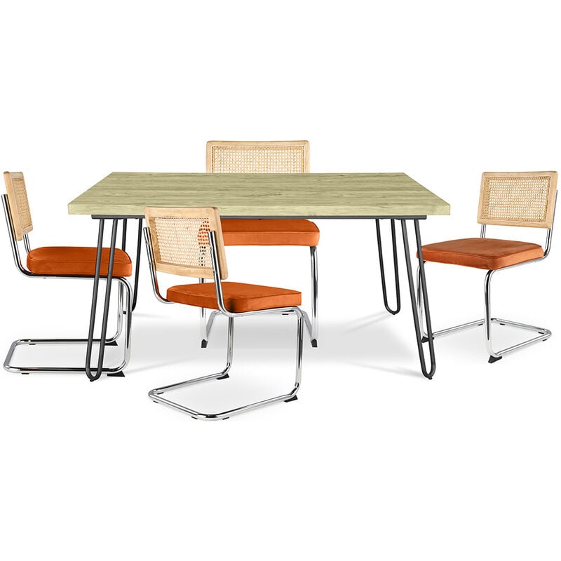 foto del prodotto confezione tavolo da pranzo di design industriale 120cm e 4 sedie da pranzo in rattan rivestimento in velluto martha arancione rossastro