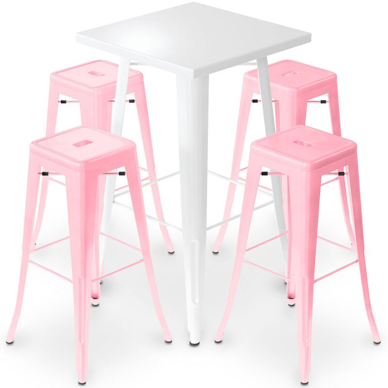foto del prodotto confezione tavolo sgabello bianco e confezione di 4 sgabelli da bar design industriale metallo nuova edizione bistrot stylix rosa