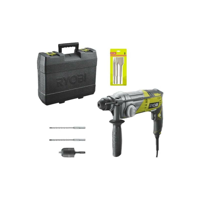 foto del prodotto confezione trapano a percussione ryobi sdsplus 680 w rsds680-ka2 - kit 3 scalpelli sds rioby 1 punto - 1 piatto - 1 van