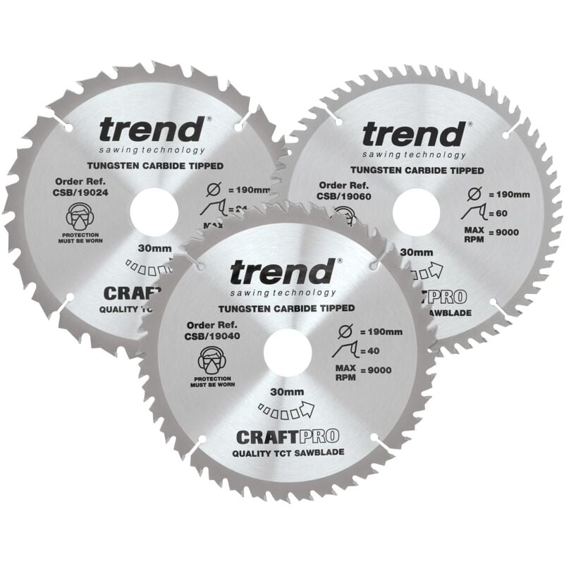 foto del prodotto confezione tripla craftpro di lame circolari tct, 190 mm x 24, 40 e 60 denti x 30 mm di foro, con punta in carburo di tungsteno. csb 190 3pk,