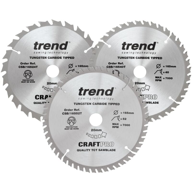 foto del prodotto confezione tripla craftpro di lame per sega tct, ideali per seghe circolari dewalt dc390, dwe007, dcs391 e dc391n, 165 mm x 24, 40 e 52 denti x 20 mm