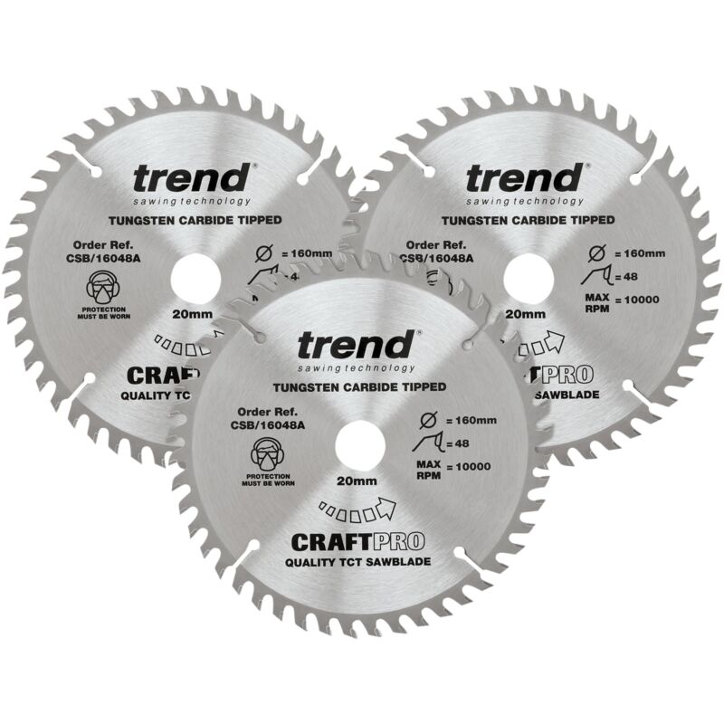 foto del prodotto confezione tripla di lame circolari craftpro tct, diametro 160 mm x 48 denti x foro 20 mm, punta in carburo di tungsteno, csb 160 3pk, confezione da