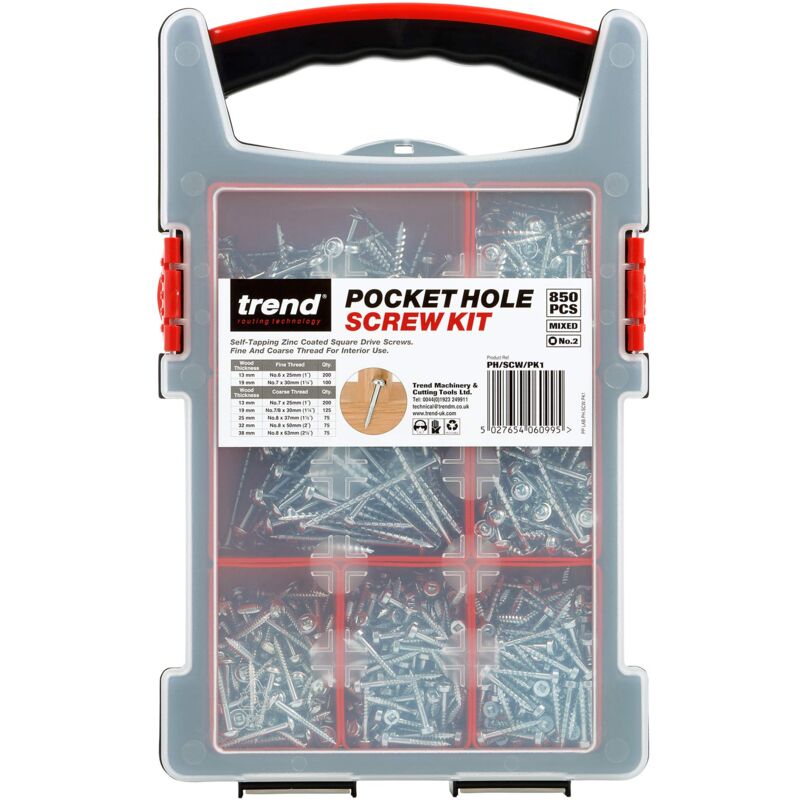 foto del prodotto confezione viti pocket hole, confezione da 850 pezzi contenente una selezione di viti di varie lunghezze in una robusta valigetta di plastica,