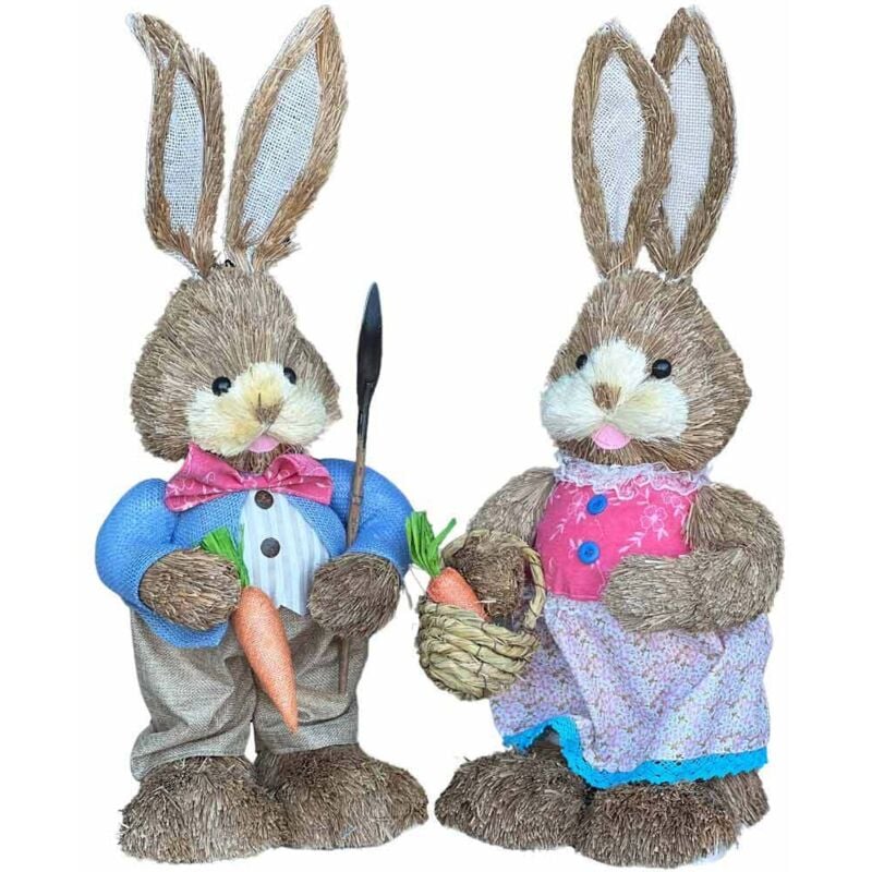 foto del prodotto conigli coppia rabbit in paglia di rafia alti 46 cm