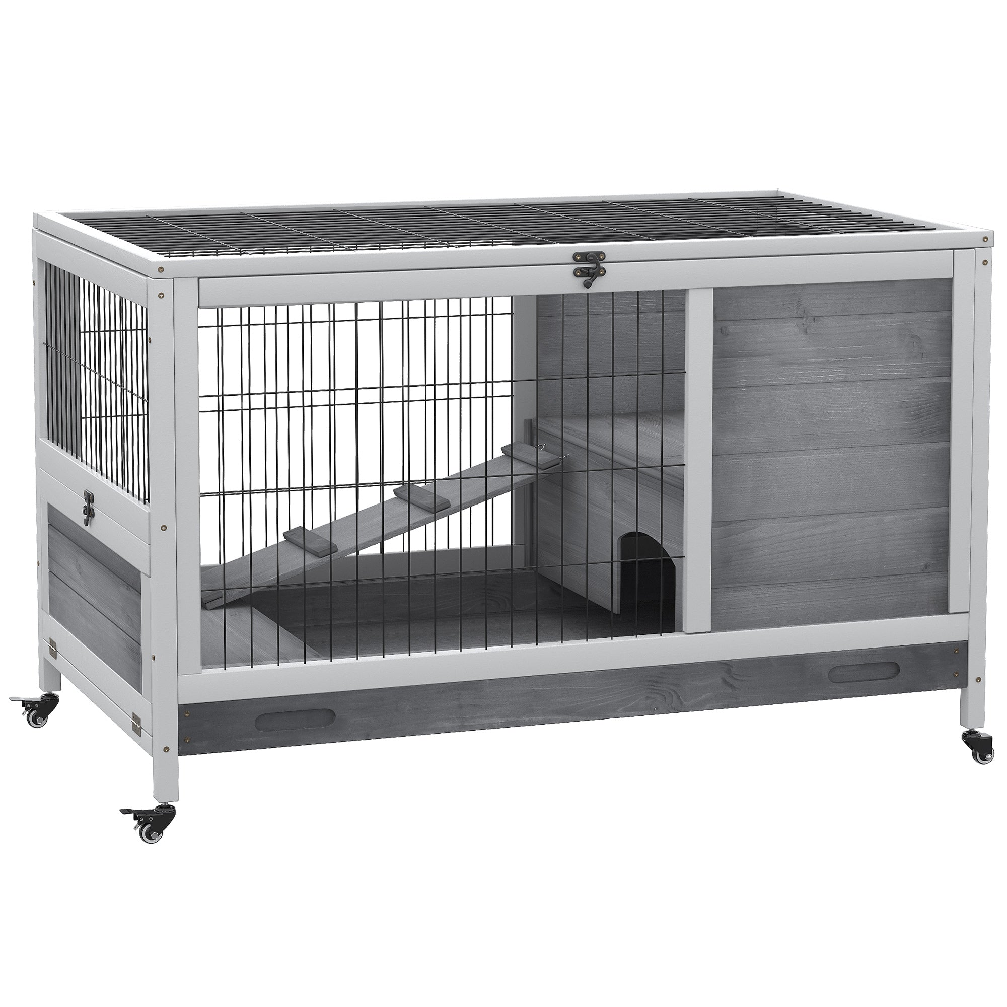 foto del prodotto conigliera 90x53x59 cm con rampa e 4 ruote in legno grigio
