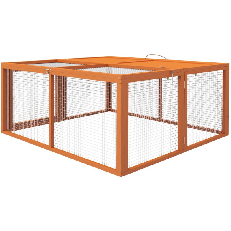 foto del prodotto conigliera da esterno pieghevole per 2 3 roditori con ingressi multipli 110x105x50 cm in legno e acciaio arancione